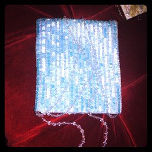 VINTAGE Moyna Baby Blue Handbeaded Bag W/ Crystals